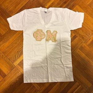 Phi Mu White V-Neck Tee with Pink & Gold Greek Letters